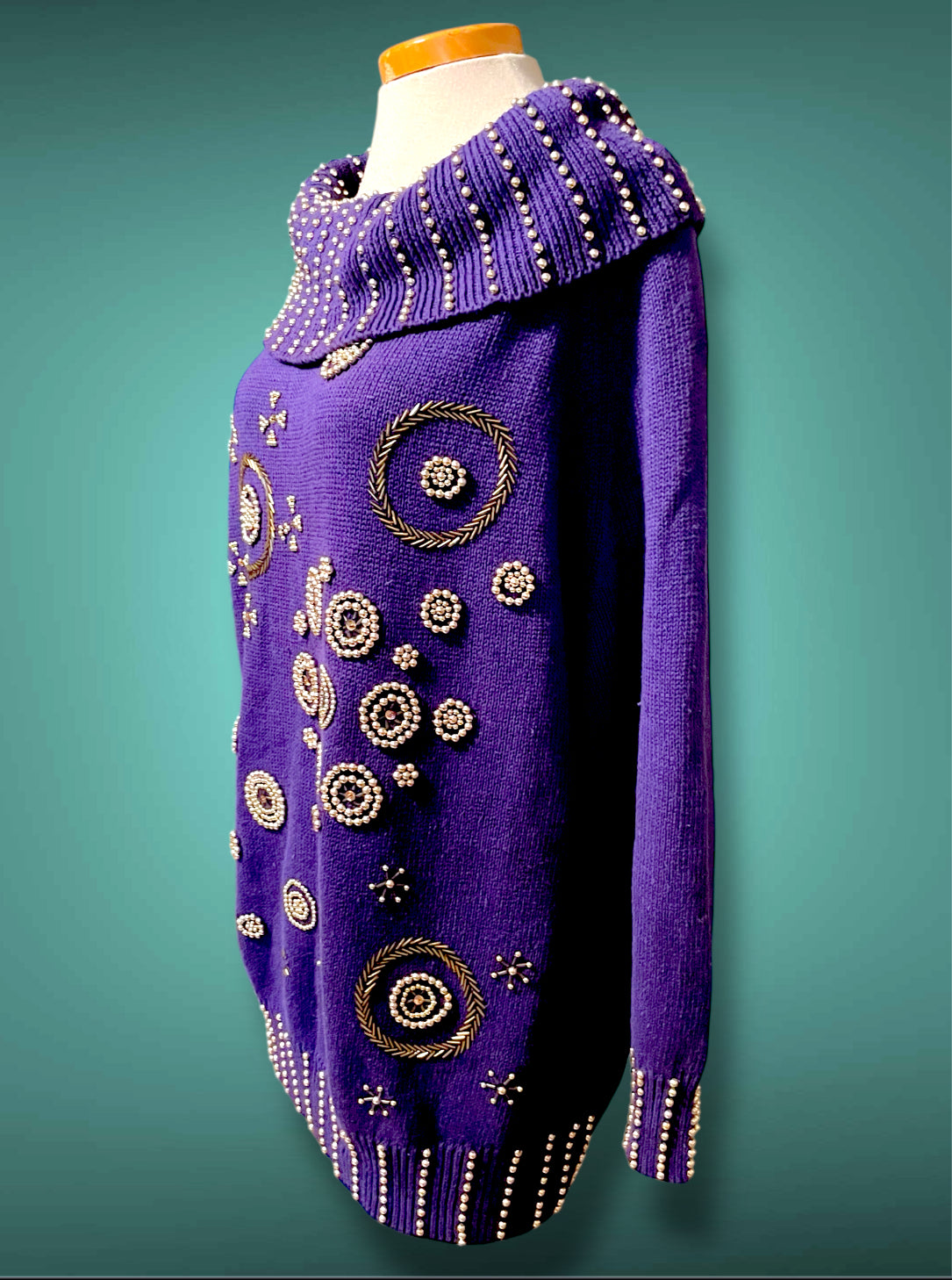 Vintage 1980’s Purple Oversized Boat Neck Sweater with Gold Bead Detail Design