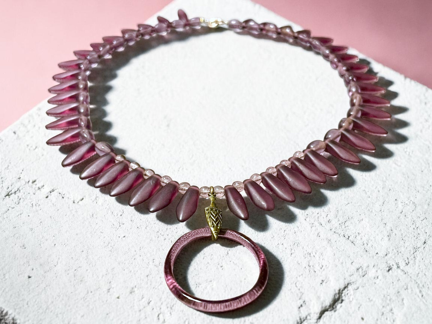 Art Deco Czech Purple Art Glass Vauxhall Ring Embossed Brass Setting Necklace