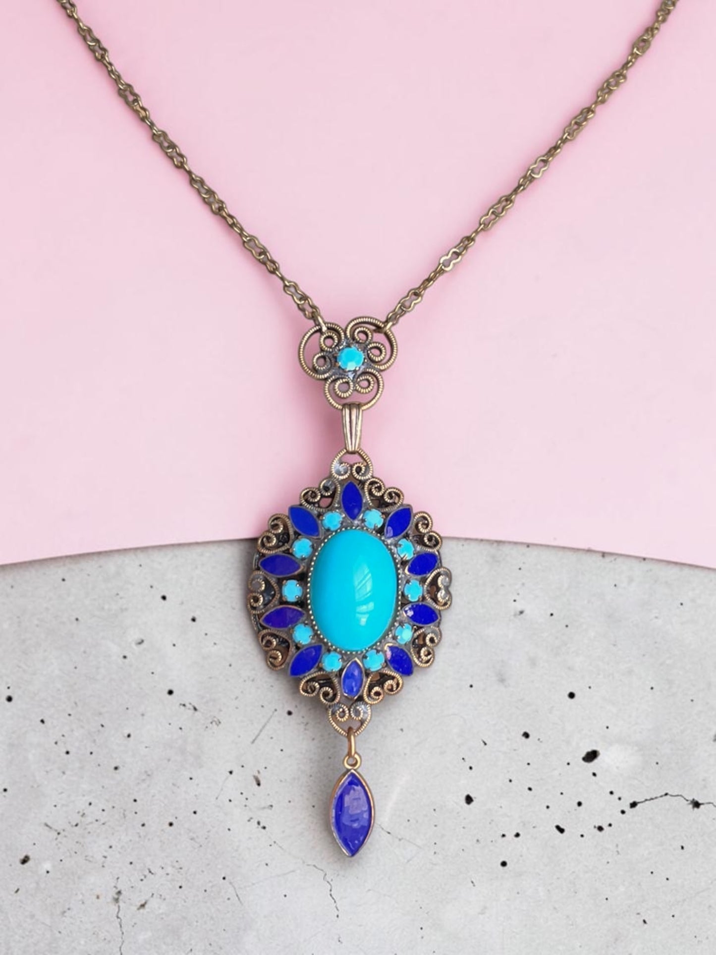 Art Nouveau Brass Filigree Turquoise Art Glass & Royal Blue Enamel Pendant Necklace