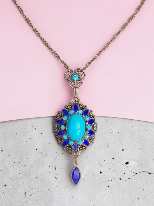 Art Nouveau Brass Filigree Turquoise Art Glass & Royal Blue Enamel Pendant Necklace