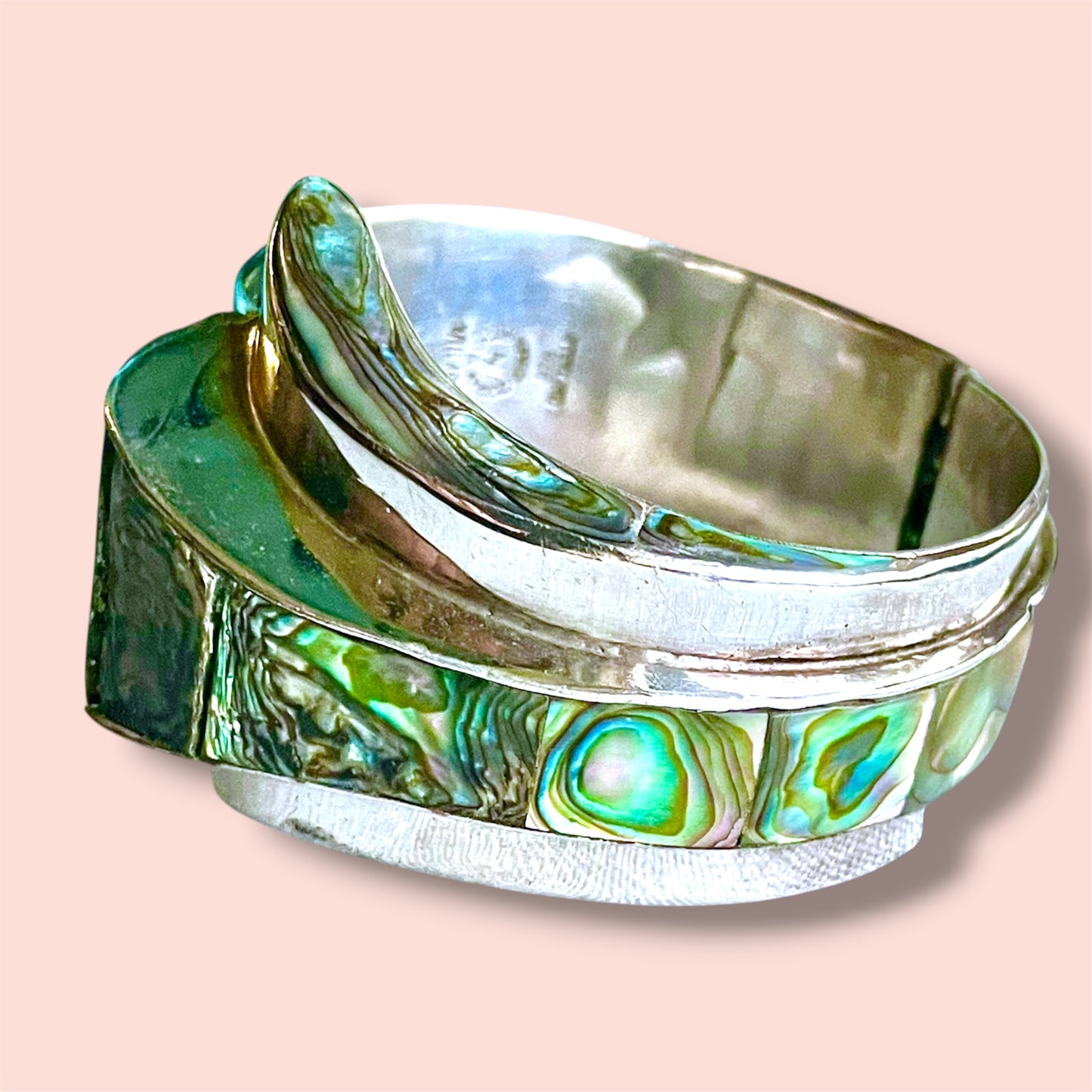 Taxco Sterling Ailver 925 Villisana Designer Abalone Hinged Clamper Bangle Bracelet