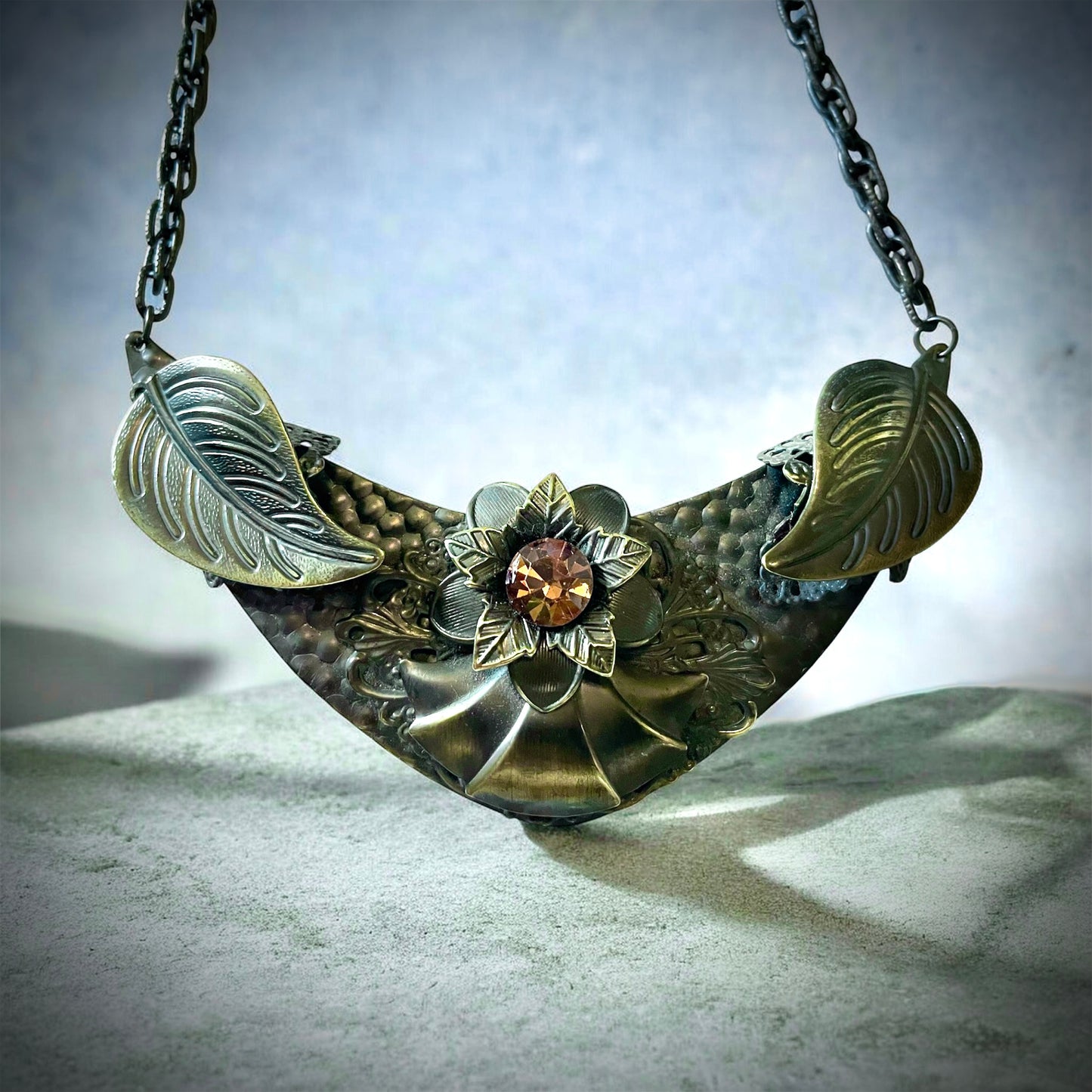 Art Nouveau Hand Hammered Brass & Citrine Crystal Chevron Choker Necklace