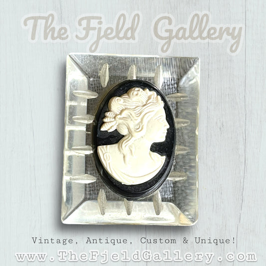 Victorian Carved Lucite Black & White Mourning Cameo Brooch