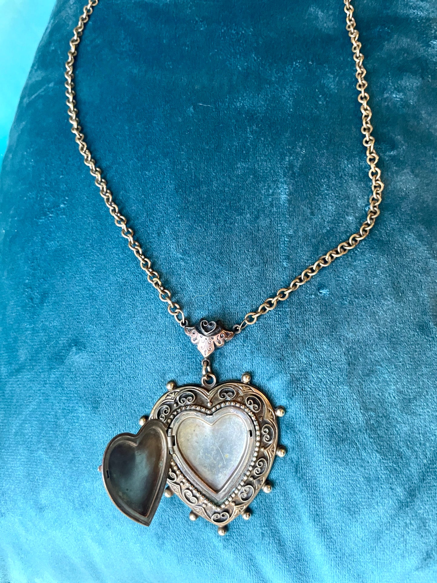 Art Nouveau Brass Filigree Heart Shaped Locket Necklace