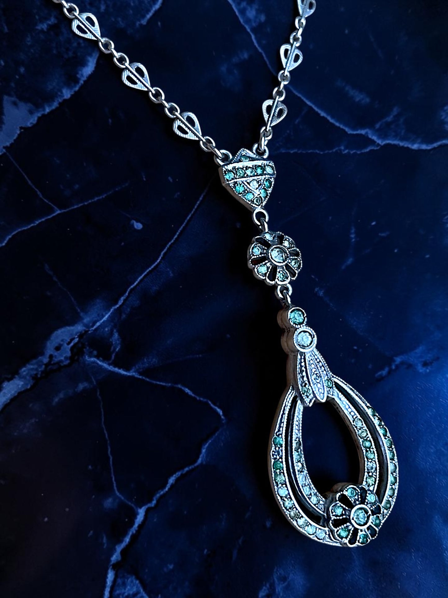 Art Deco Sterling Silver Crystal Floral Drop Y Necklace