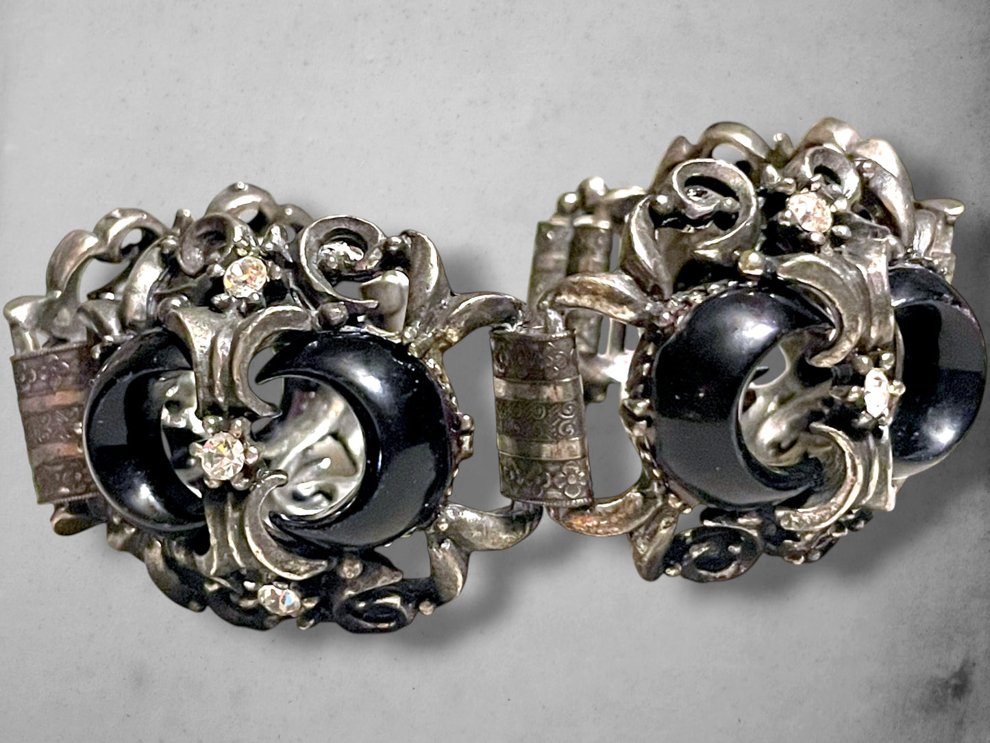 Victorian Booklink Chain Black Crescent Moon Crystal Panel Bracelet
