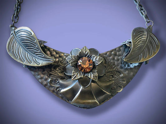 Art Nouveau Hand Hammered Brass & Citrine Crystal Chevron Choker Necklace