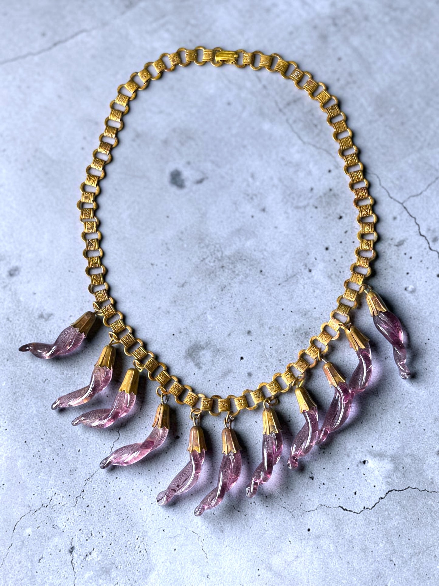 Victorian Book-link Chain Purple Twisted Eggplant Czech Art Glass Festoon Bib Necklace