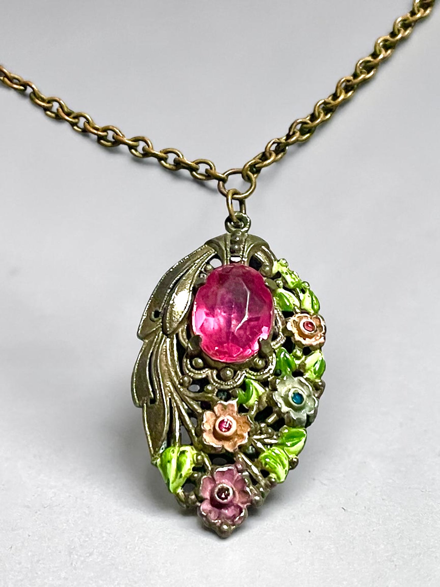 Art Nouveau Pink Paste Stone Pastel Floral Crystal Pendant Necklace