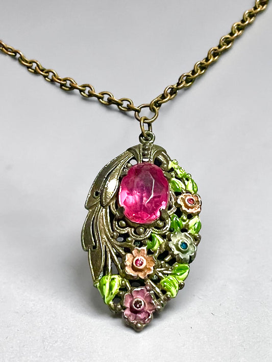 Art Nouveau Pink Paste Stone Pastel Floral Crystal Pendant Necklace