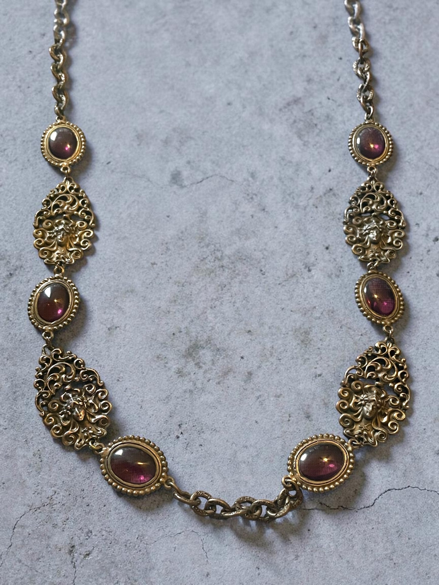 Art Nouveau Woman’s Face Flowing Hair Brass Purple Art Glass Long Necklace