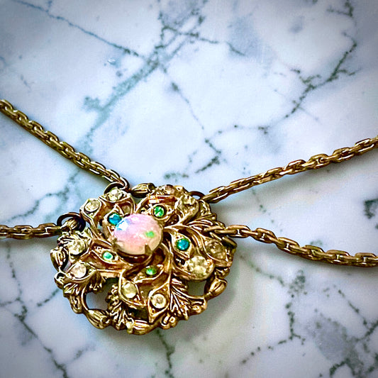 Edwardian Pink Gold Foil Art Glass Dragons Breath Fire Opal Blue Crystal Festoon Necklace