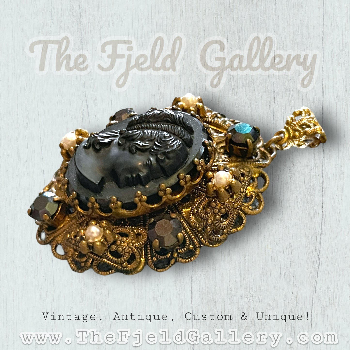 Wet German Black Hematite Glass Cameo with Pearls & Black Crystals Bezel Set in Gold Brass Filigree