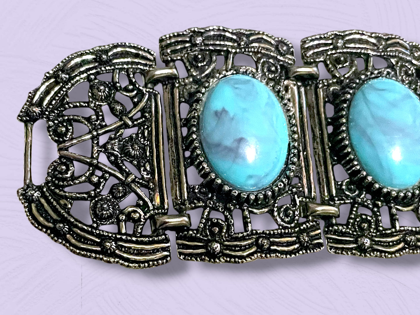 Vintage Chunky Silver Filigree Thermoset Faux Turquoise Panel Bracelet