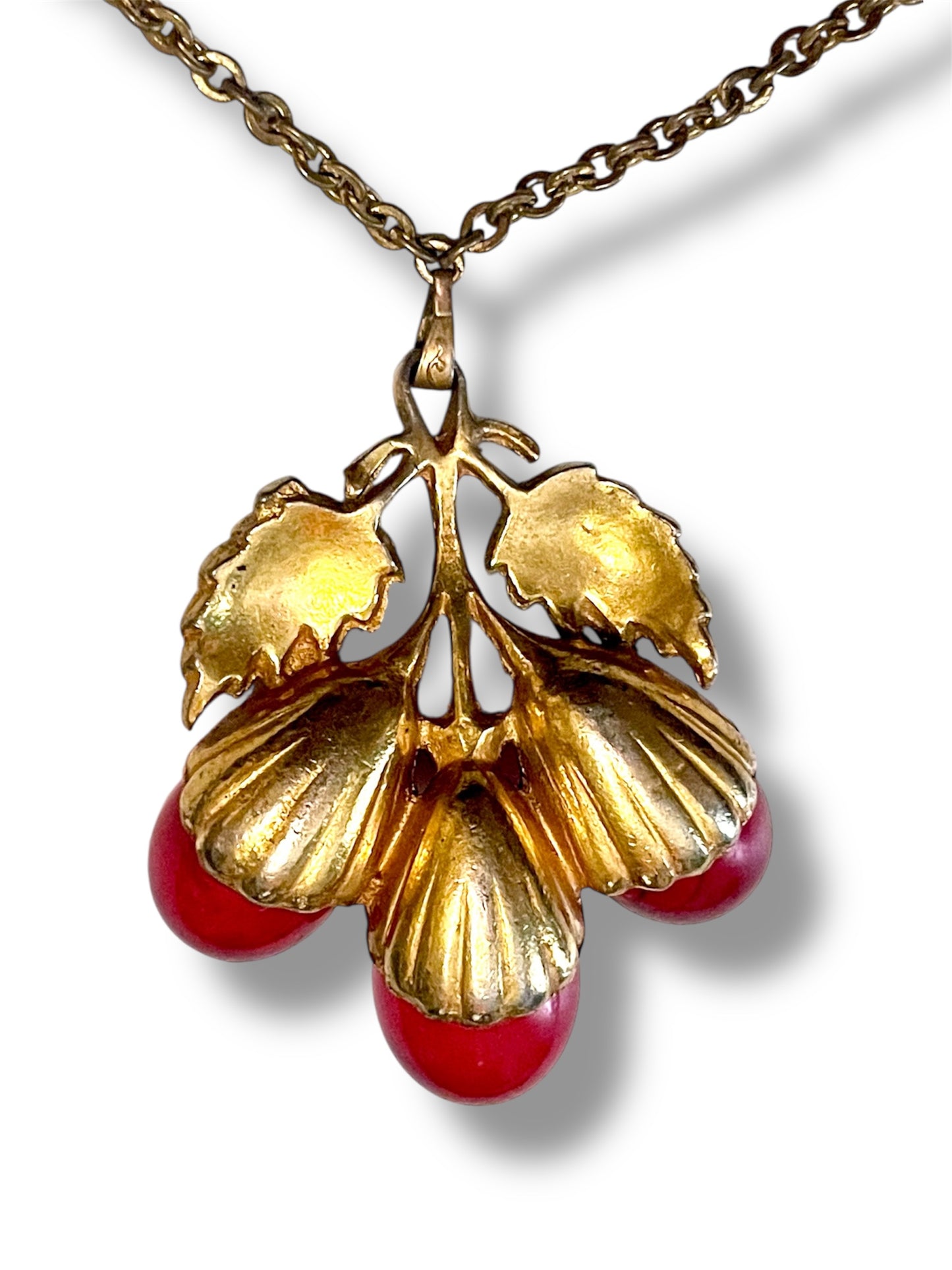 Art Nouveau Gilded Brass & Hollow Red Glass Bubble Acorn Necklace