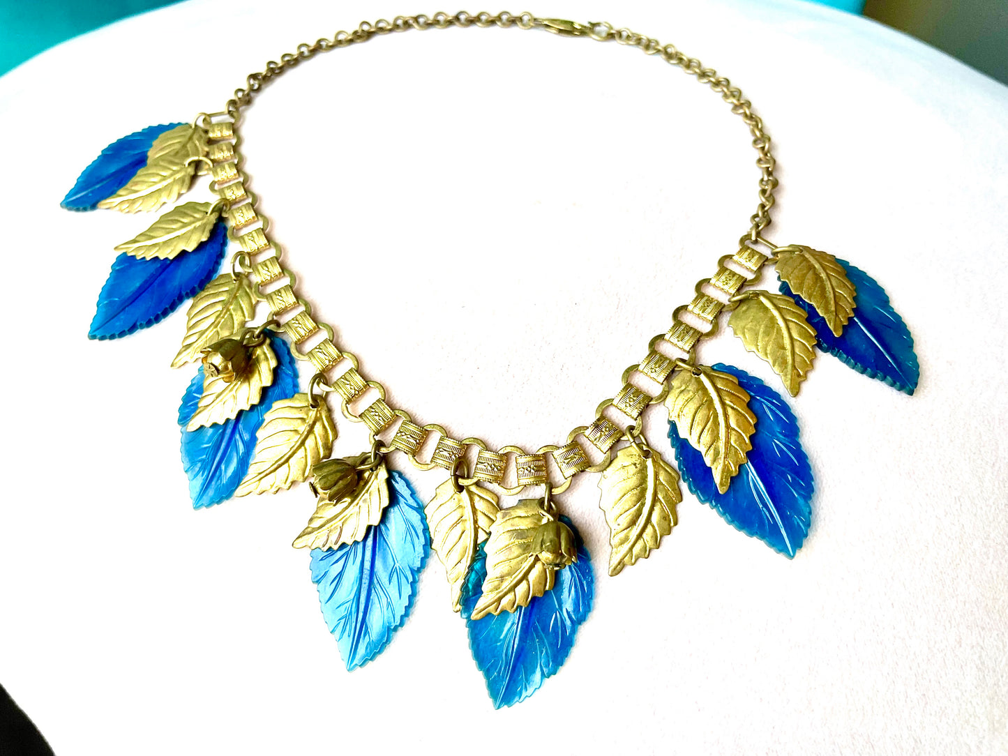 Miriam Haskell Embossed Brass & Turquoise Translucent Early Plastic Leaf & Bell Victorian Booklink Choker Necklace