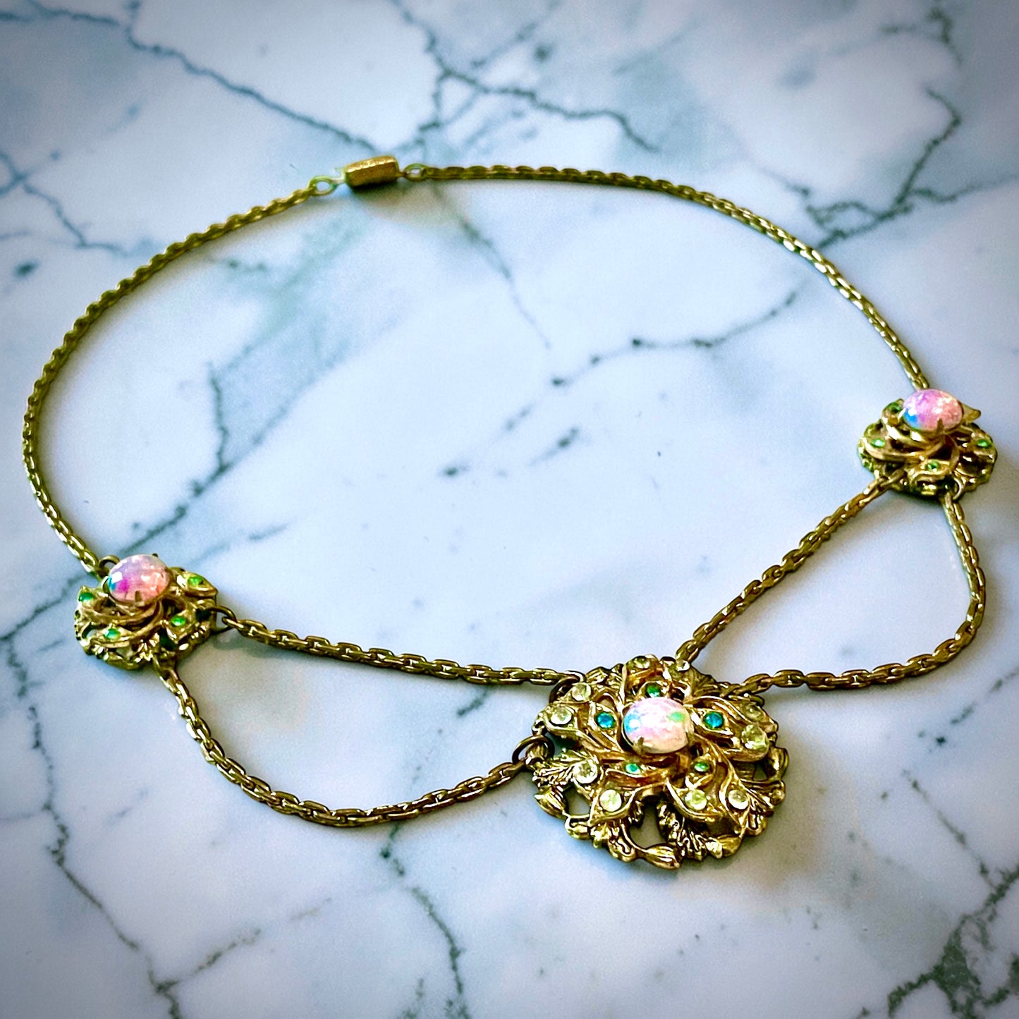 Edwardian Pink Gold Foil Art Glass Dragons Breath Fire Opal Festoon Necklace