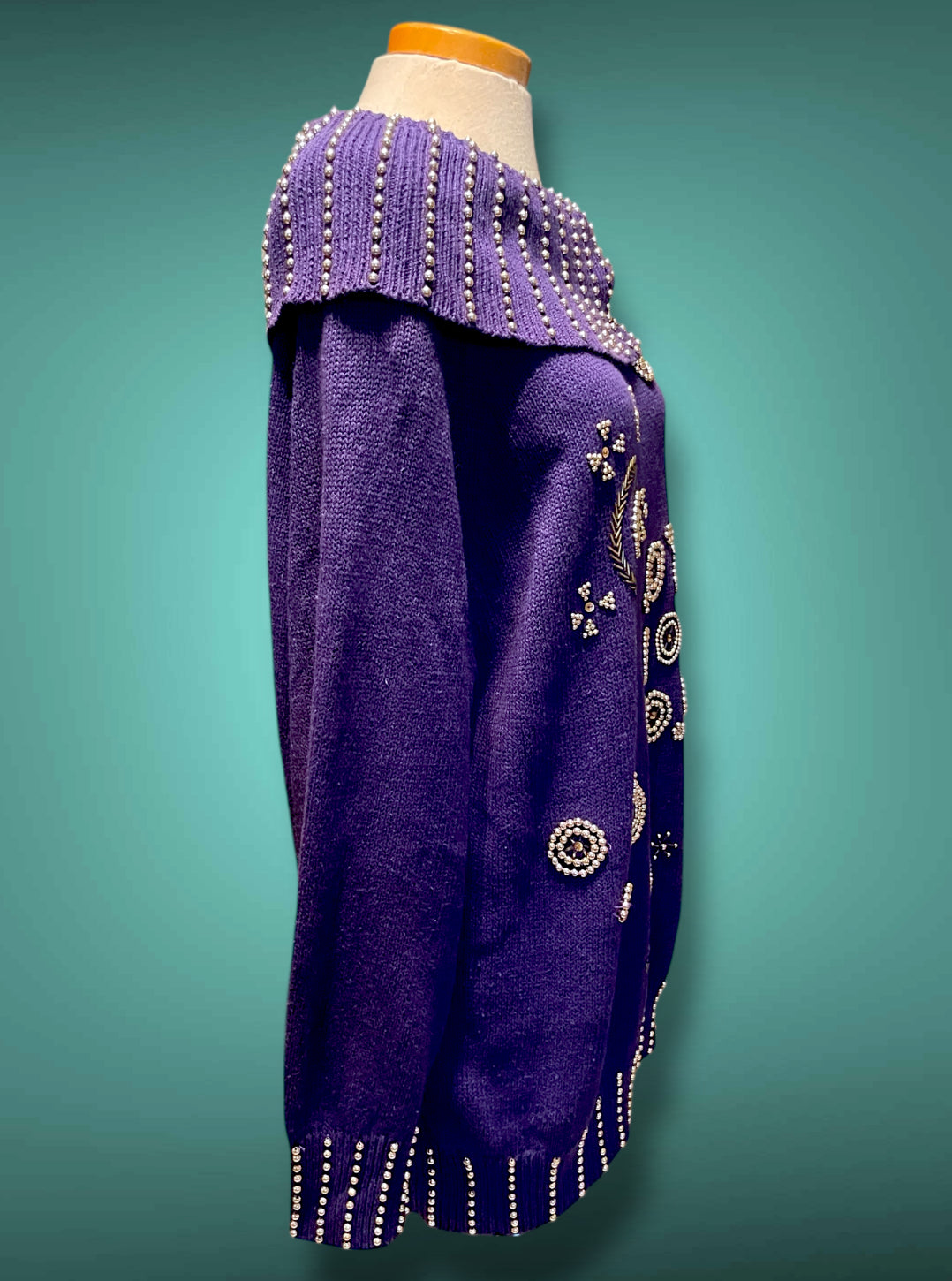 Vintage 1980’s Purple Oversized Boat Neck Sweater with Gold Bead Detail Design