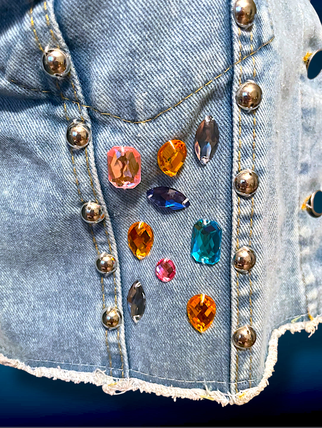 Vintage 1980’s Rainbow Jewel Crystal Stone Encrusted & Metal Rivet Crop Distressed Jean Jacket