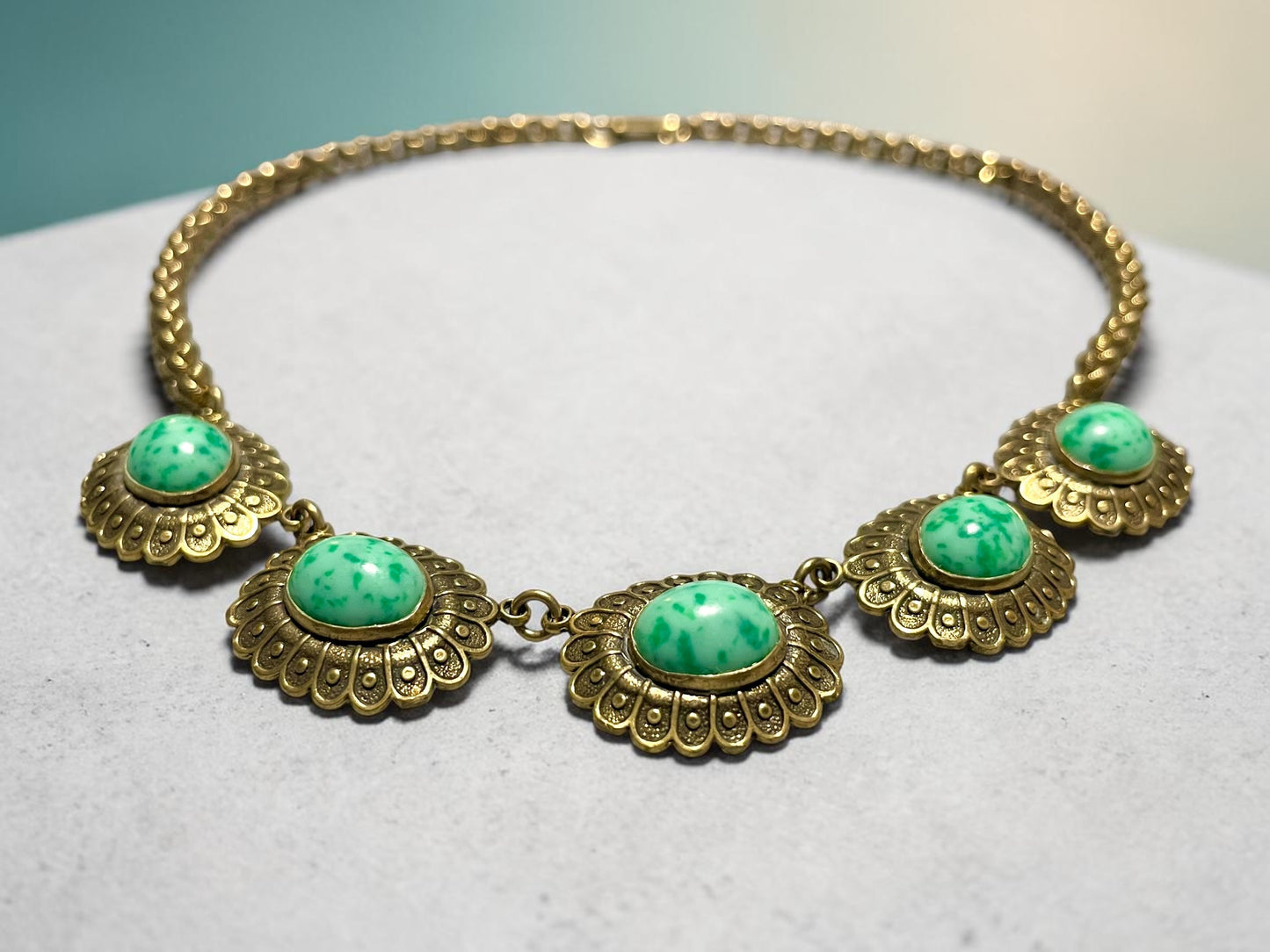 Art Nouveau Czech Peking Green Jade Art Glass Necklace