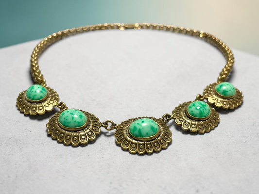 Art Nouveau Czech Peking Green Jade Art Glass Necklace