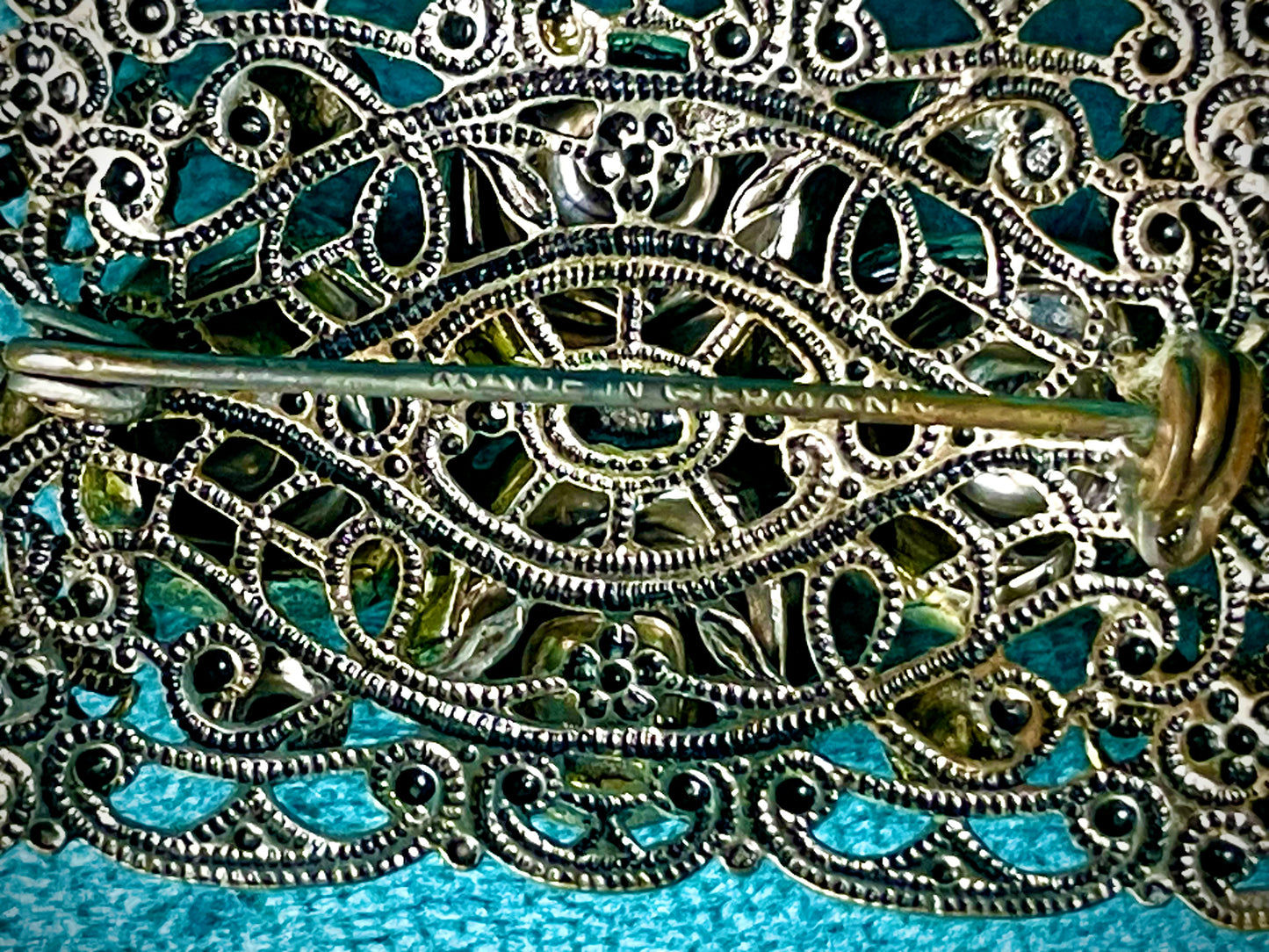West German Aurora Borealis Crystal Brass Filigree Rose Brooch