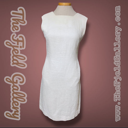 1960’s White Ribbed Texture Square Neck Pockets Sheath Dress