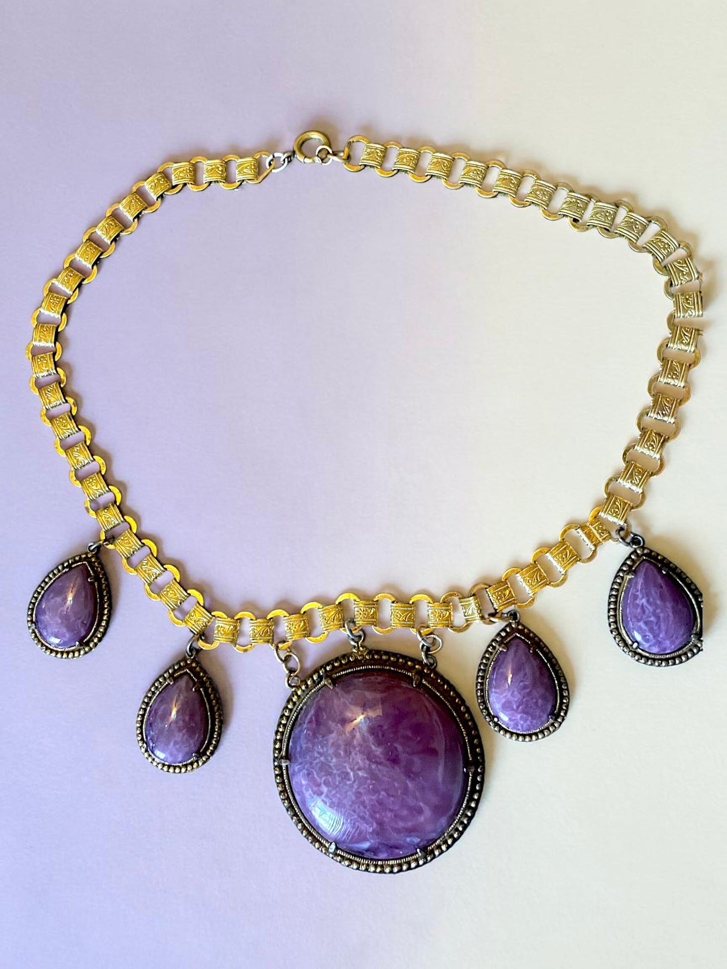 Incredible Victorian Booklink Chain Purple Marble Art Glass Festoon Necklace
