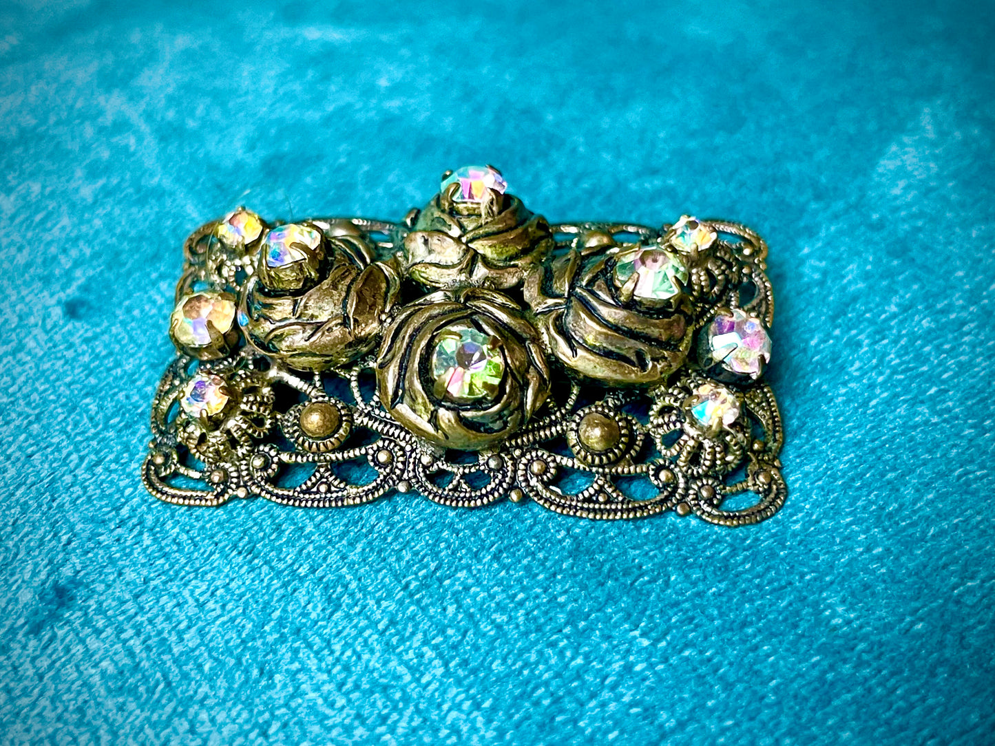 West German Aurora Borealis Crystal Brass Filigree Rose Brooch
