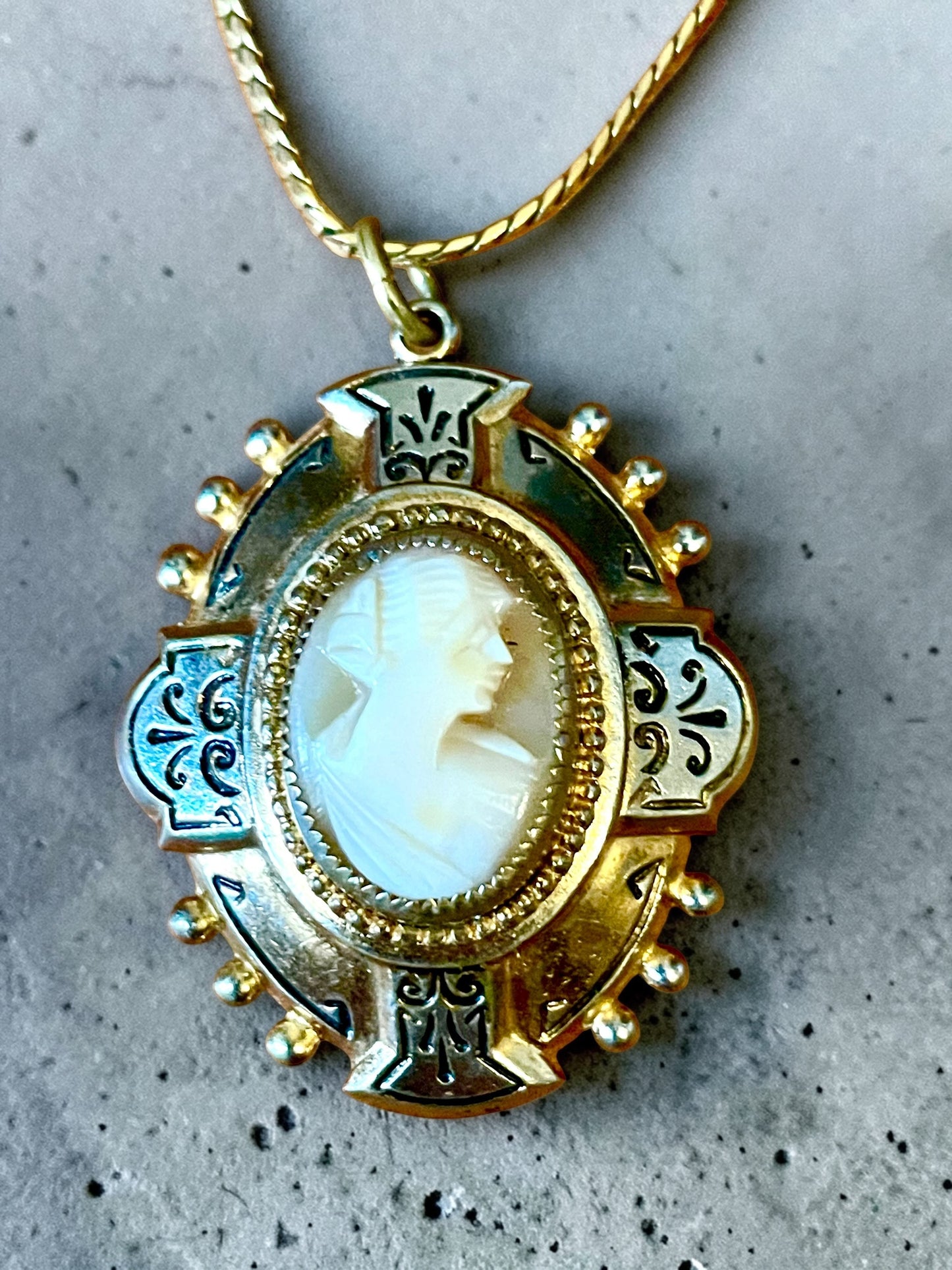 Edwardian Mixed Metal Carved Shell Cameo Cross Locket 14K GF Necklace