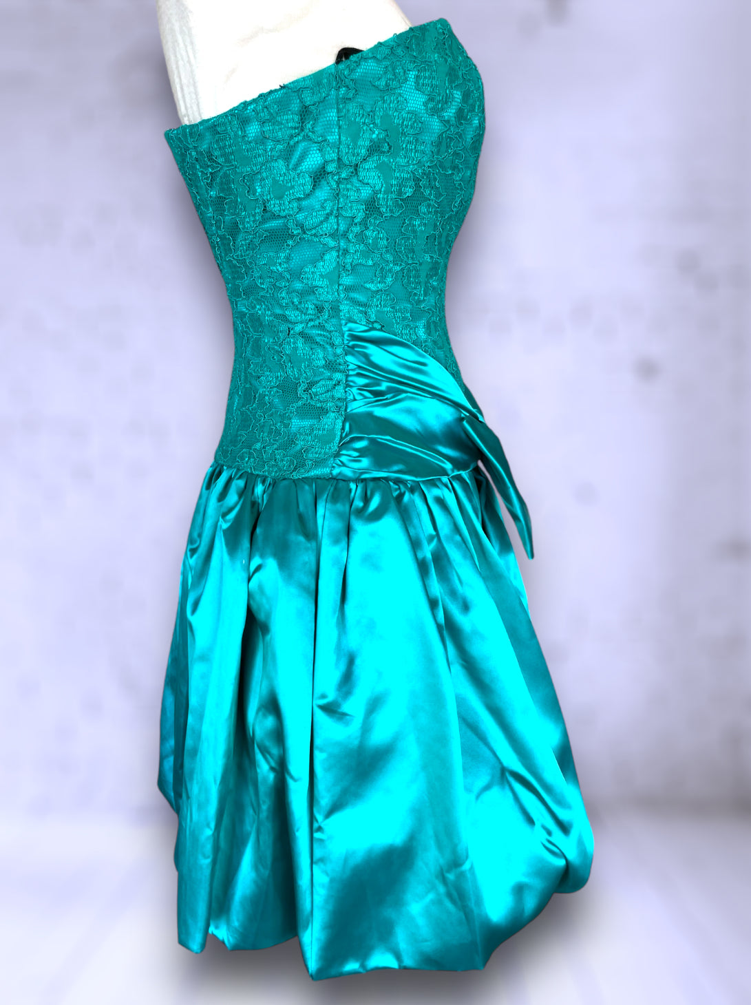 1980’s Turquoise Satin & Lace Strapless Poofy Short Skirt Big Bow Party Dress