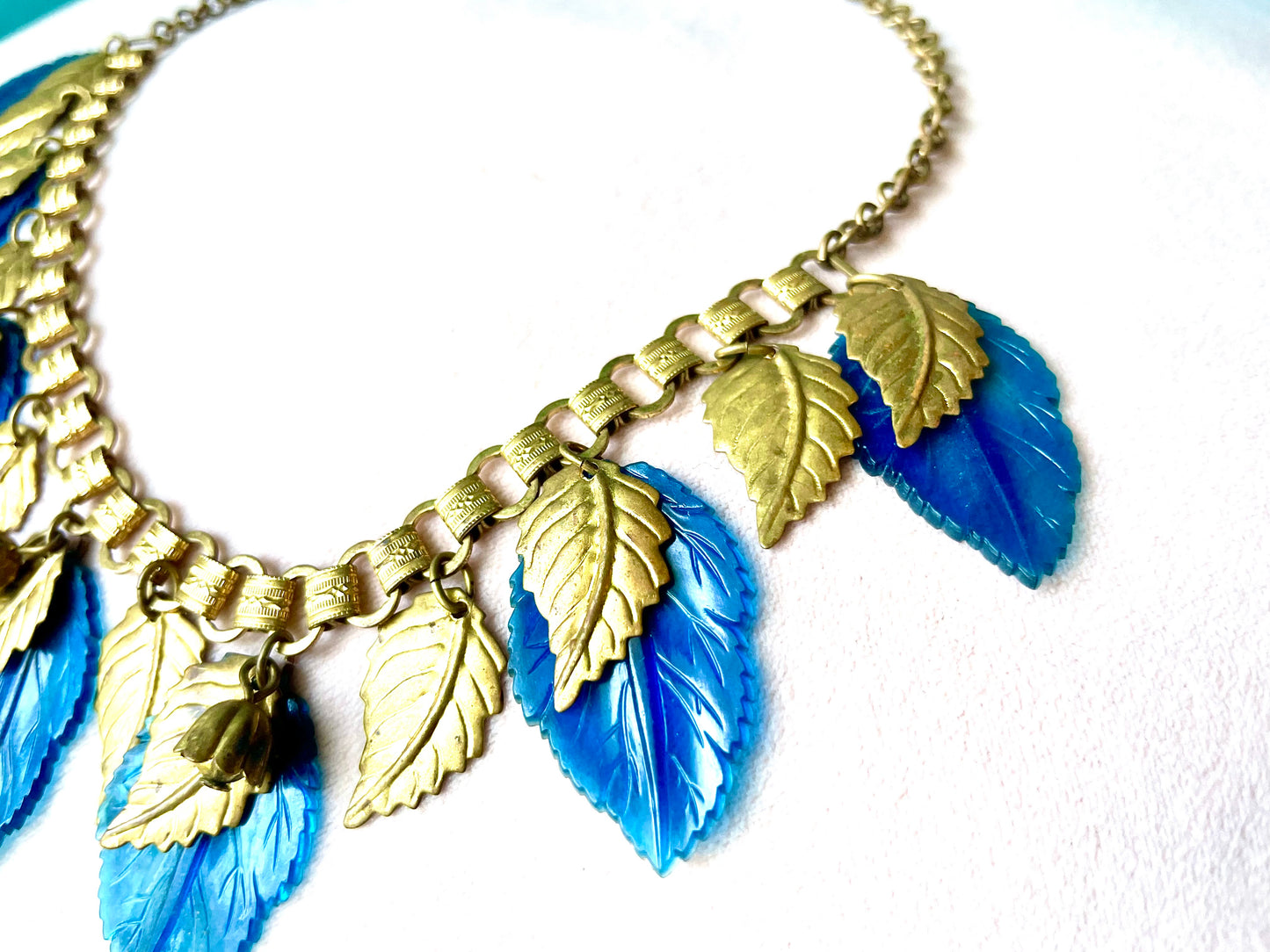Miriam Haskell Embossed Brass & Turquoise Translucent Early Plastic Leaf & Bell Victorian Booklink Choker Necklace