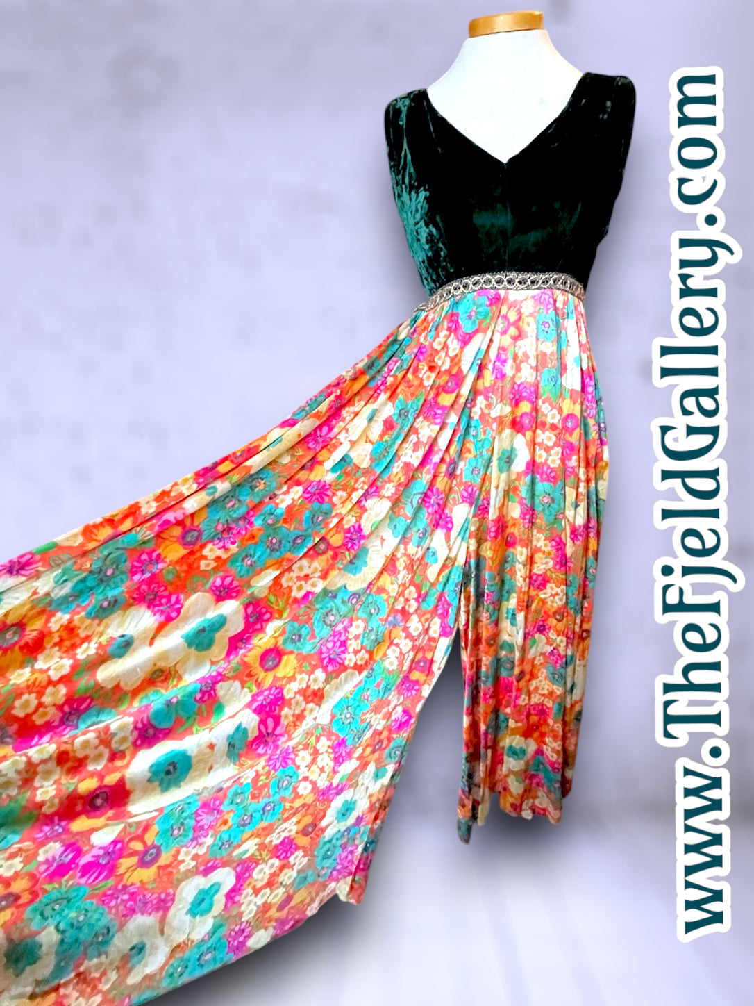 1960’s Vintage Green Velvet & Rainbow Floral Palazzo Pant Jumpsuit