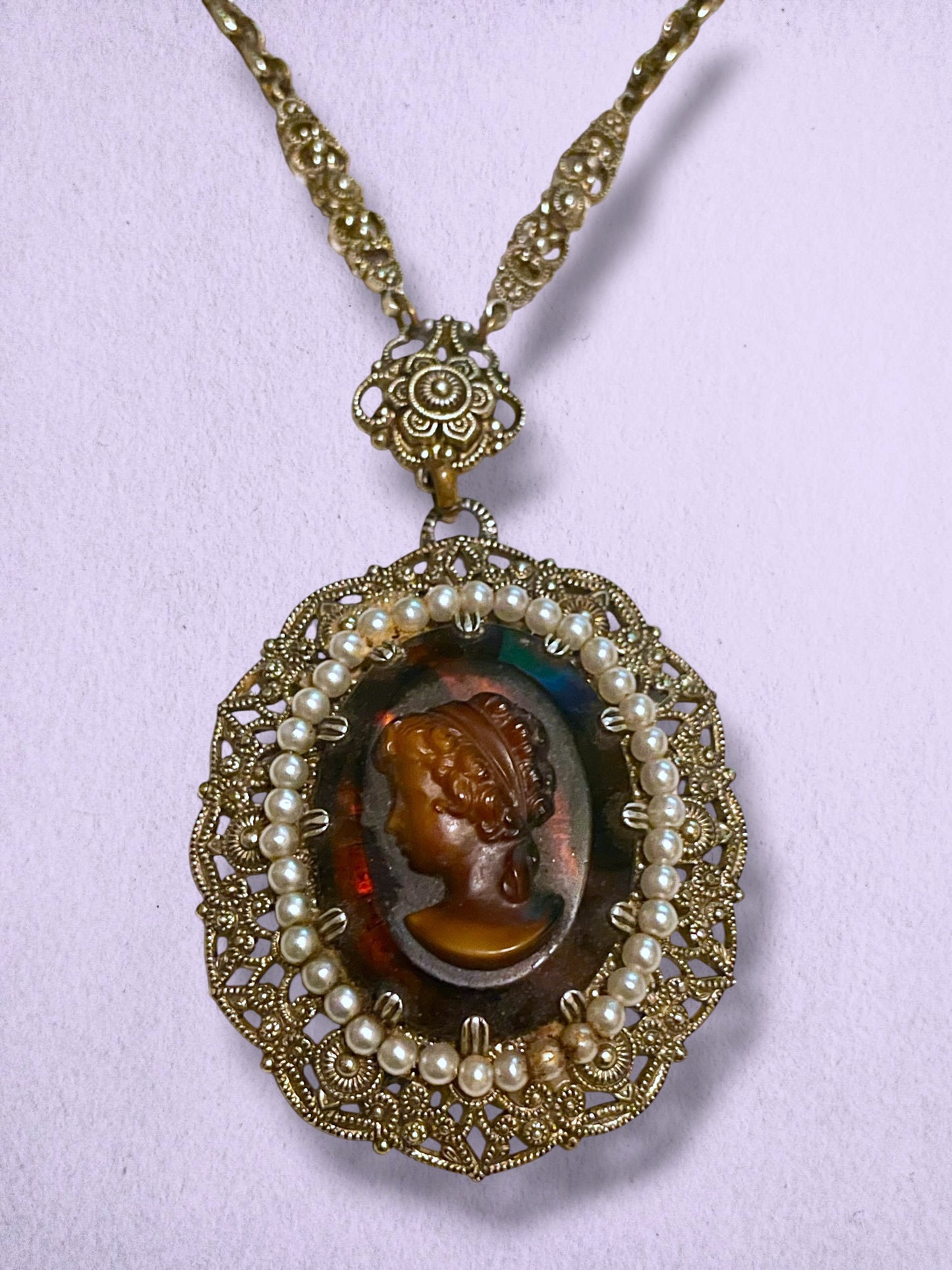West German Brass Filigree Amber Art Glass Cameo & Pearl Necklace