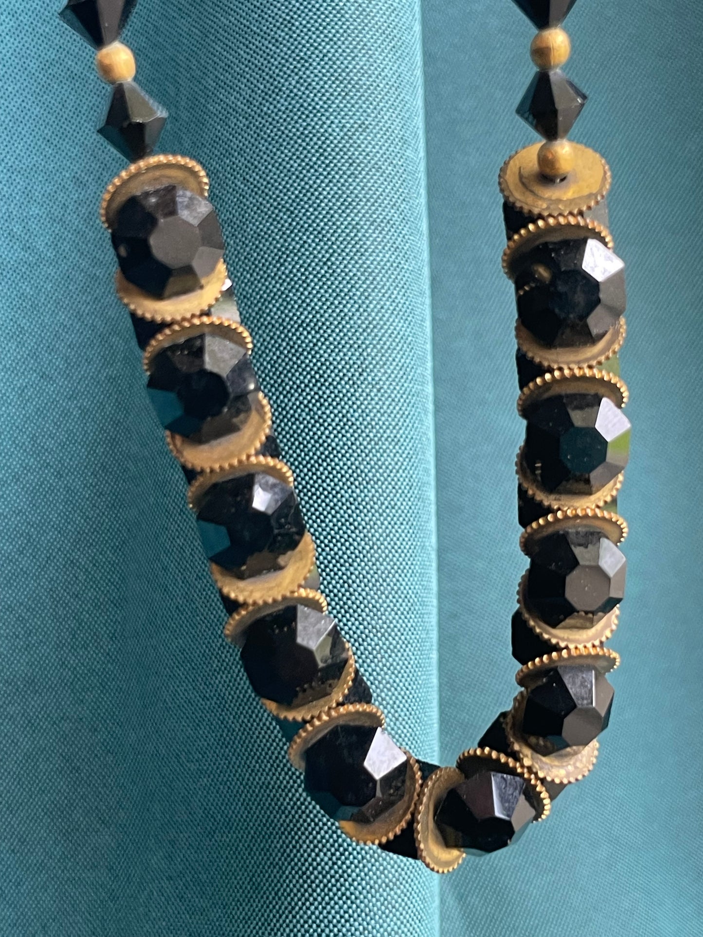 Victorian Mourning Black Crystal & Brass Saw-blade Gothic Chain Necklace