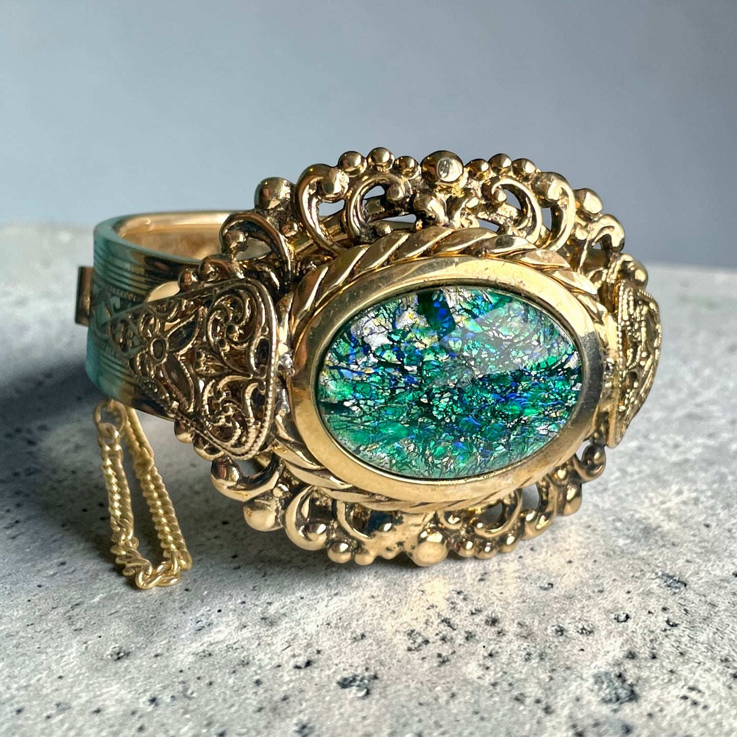 Whiting & Davis Green Dragons Breath Fire Opal Foil Art Glass Gold Brass Filigree Embossed Hinged Clamper Bracelet (Necklace Sold Separately)