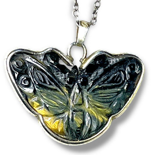 Sterling Silver Carved Tigers Eye Butterfly Necklace Pendant