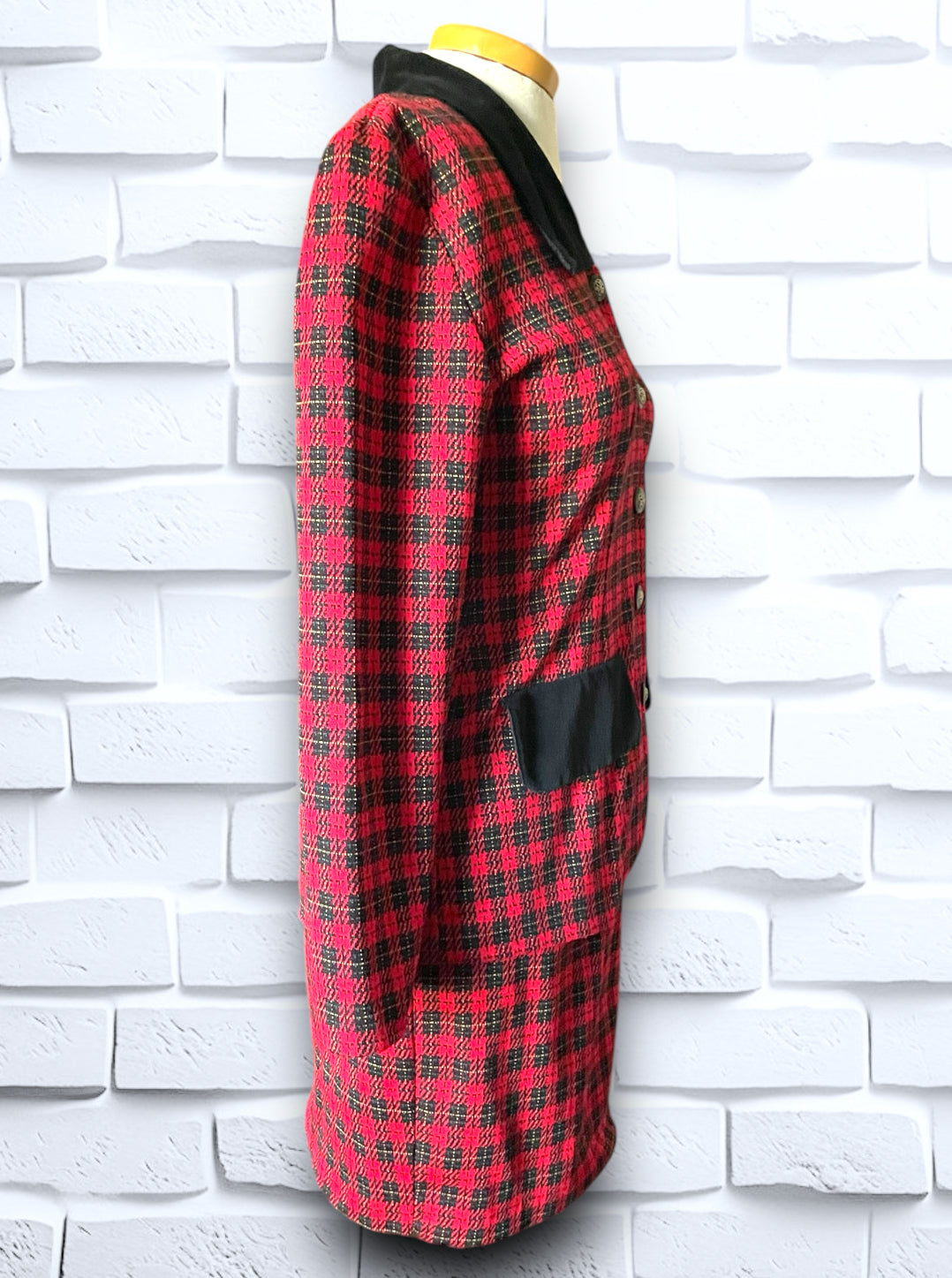 Vintage Red, Black & Yellow Plaid Skirt Suit with Black Velvet Detailing