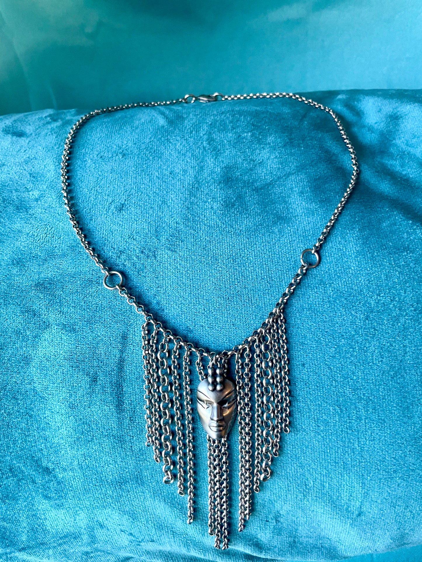 Designer Thierry Mugler Silver Face Fringe Necklace