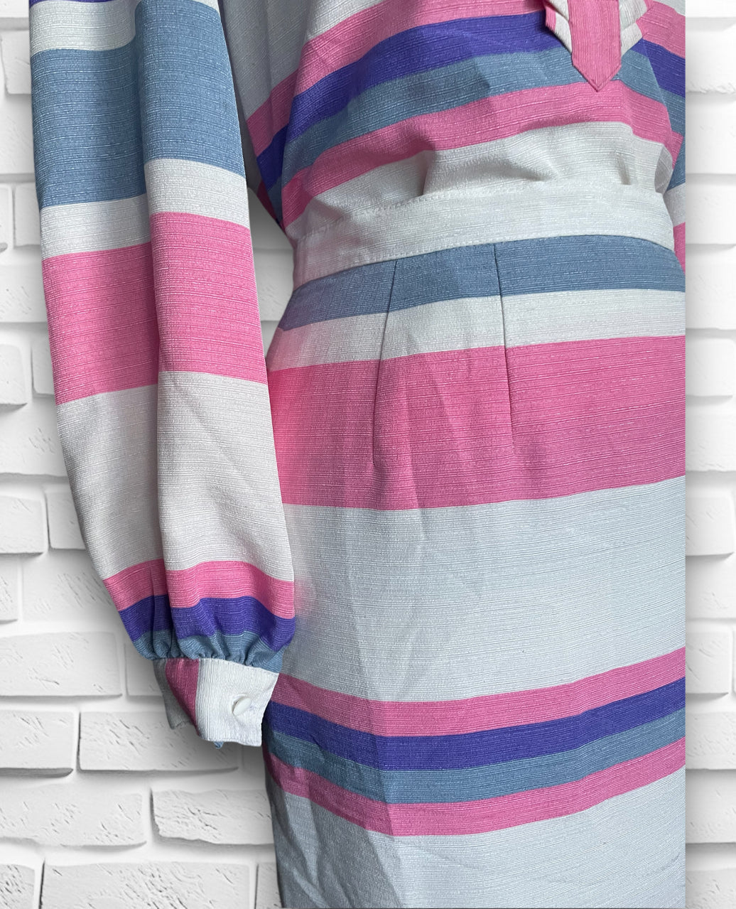 Vintage 1960’s Pink, Purple, White & Grey Striped Skirt & Long Sleeve Ruffle Shirt Set