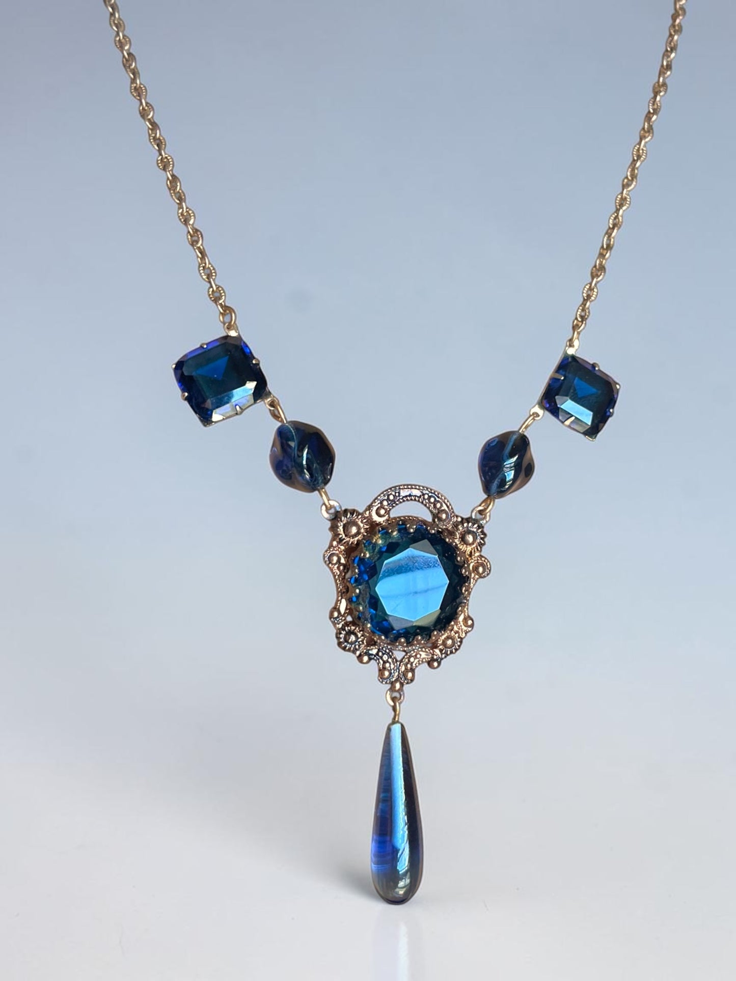 Art Nouveau Saphire Blue Czech Art Glass Brass Filigree Necklace