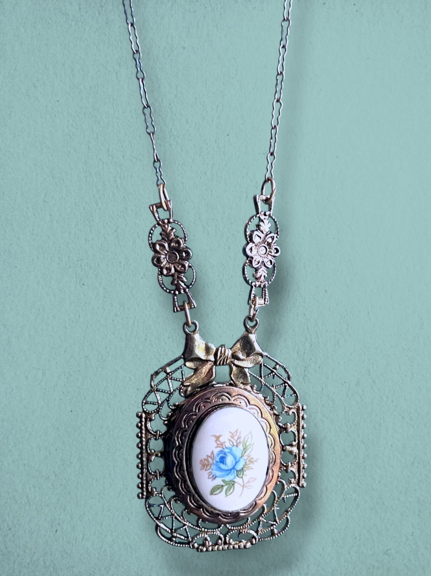 Art Nouveau Brass Filigree Blue Rose Porcelain Limoge Locket Necklace
