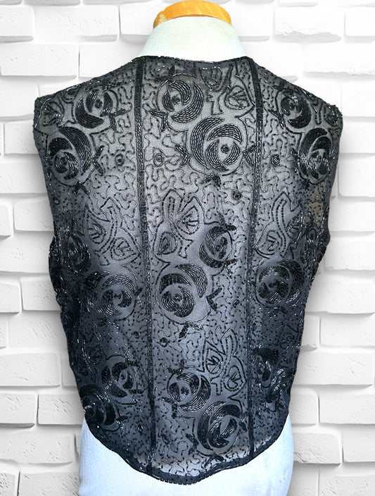 Transparent Black Floral Pattern Beaded Zip Up Front Sleeveless Blouce