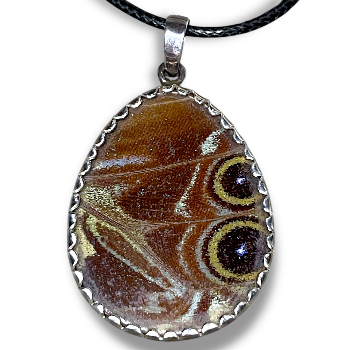 Sterling Silver Double Sided Blue & Brown Eye Butterfly Wing Teardrop Necklace Pendant