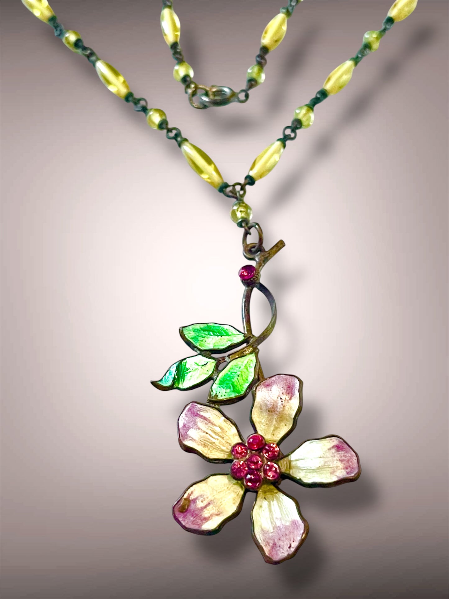 Art Nouveau Czech Cloisonné Yellow & Purple Flower, Leaves & Pink Crystal Yellow Glass Bead Y Drop Lavaliere Necklace