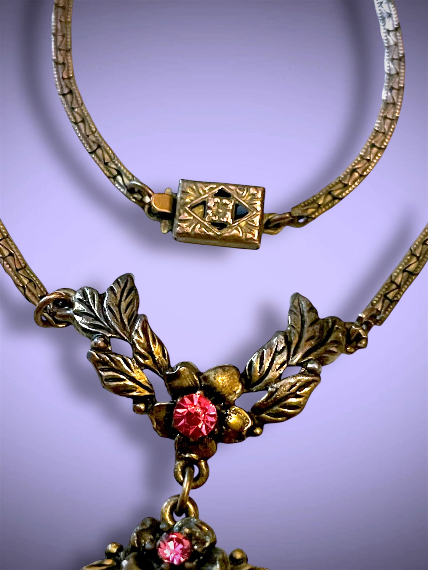 Art Nouveau Brass Green Jade Peking Art Glass Pink Crystal & Pearl Pendant Necklace