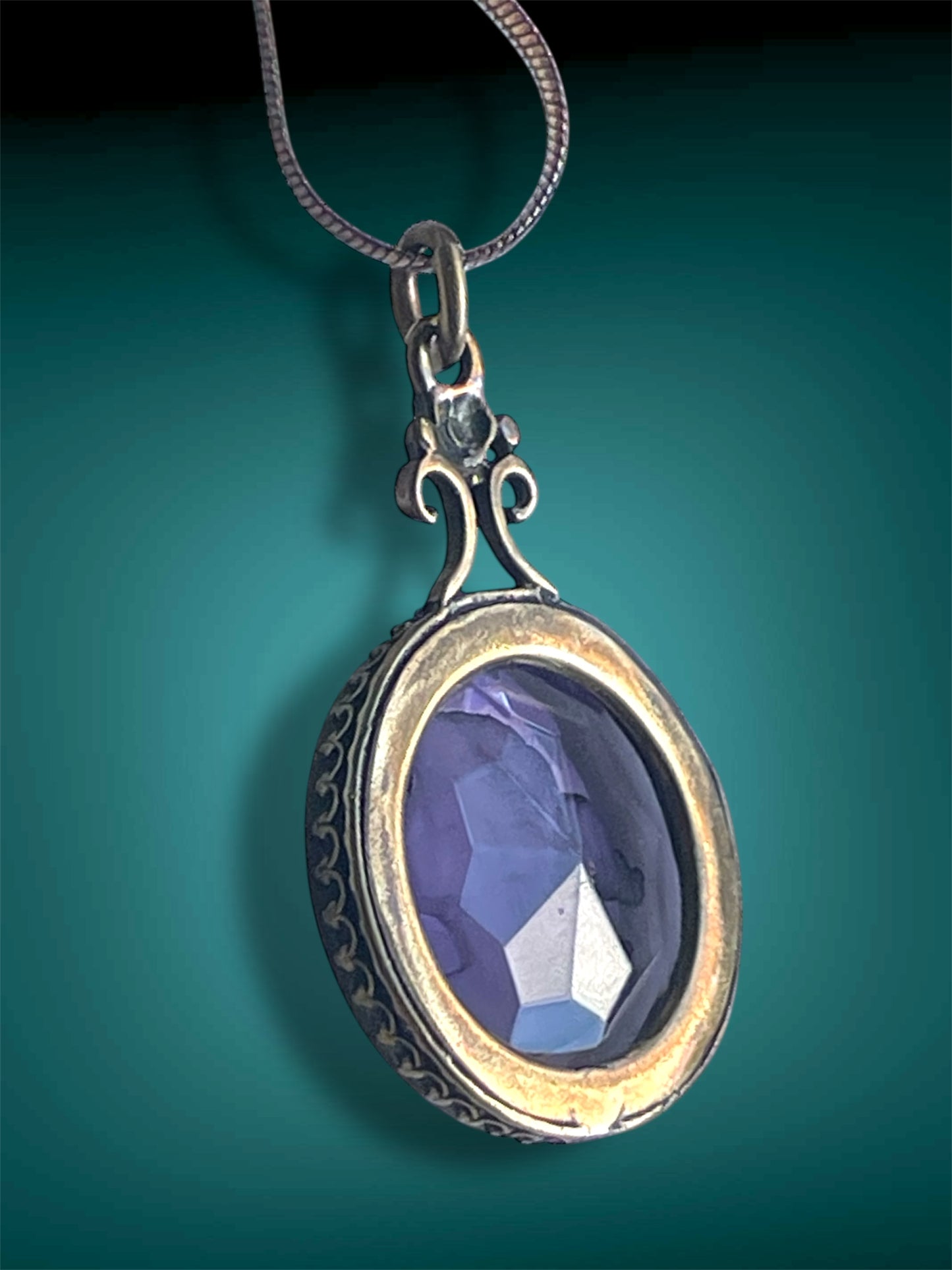 Art Nouveau Brass Scarab Set Purple Faceted Glass Intaglio Cameo Pendant Necklace