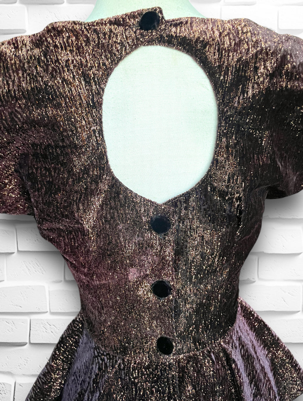 Vintage 1980’s Copper Metallic, Velvet Bow Peplum Blouse with Keyhole Back & Black Buttons