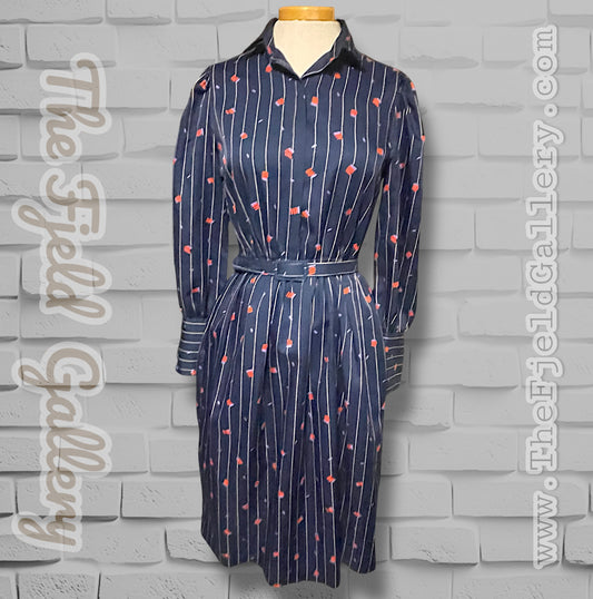 1970’s Navy Blue Pinstripe, Red & Purple Pattern Long-sleeve Pocket Belted Dress