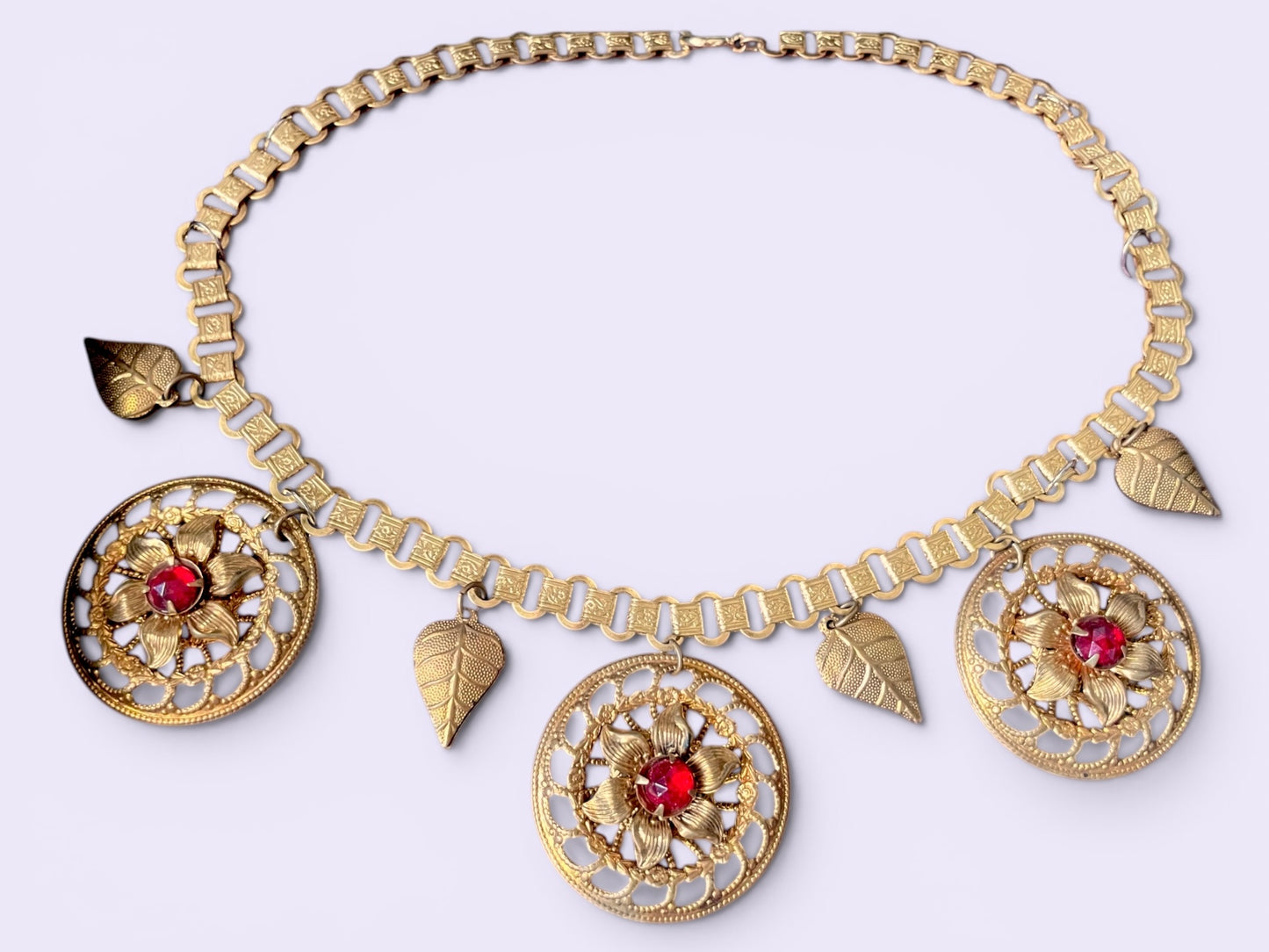Victorian Bookchain Ruby Red Art Glass & Gold Filigree Leaf Charm Necklace